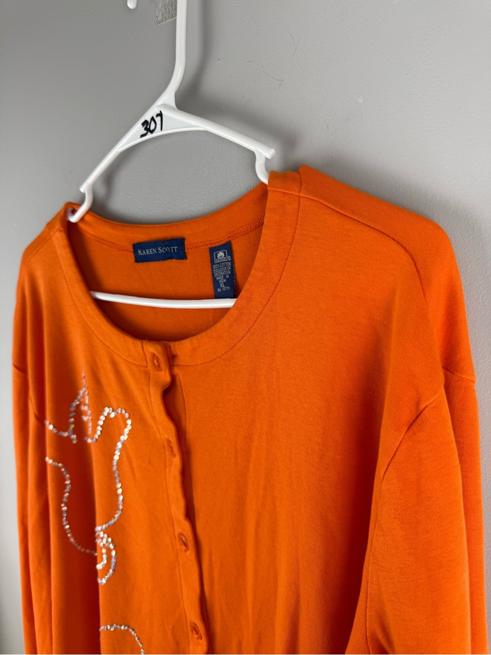 Karen Scott Women’s Orange Sequined Ghost Button Up Long Sleeve Cardigan SZ XL